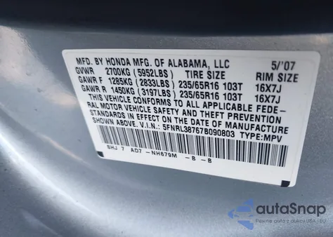 2007 Honda Odyssey Ex-L z USA, uszkodzony, nr VIN 5FNRL38767B090803
